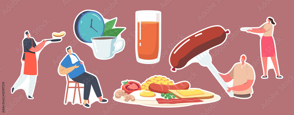 Set Stickers Characters Have English Full Fry Up Breakfast Bacon, Sausages with Fried Eggs, Beans and Toast with Tomato Set Stickers Characters Have English Full Fry Up Breakfast Bacon, Sausages with Fried Eggs, Beans and Toast with Tomato