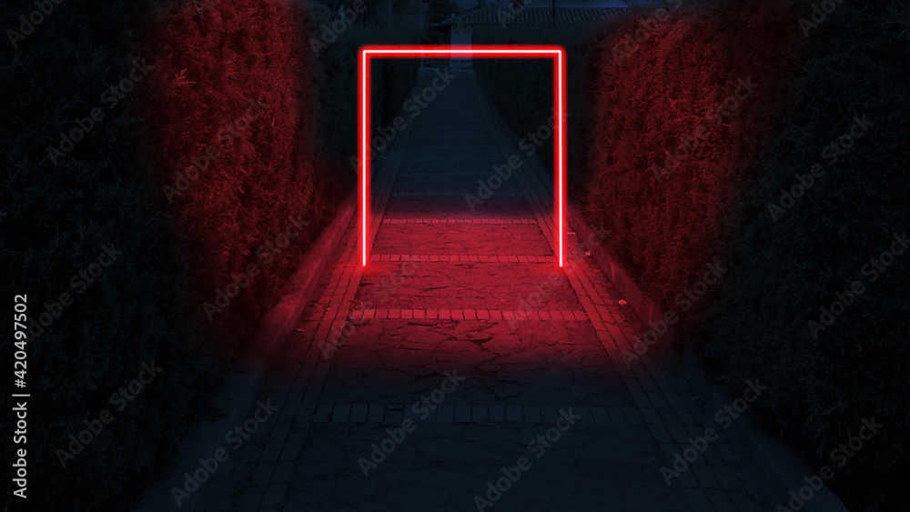 Red neon frame over a nature path