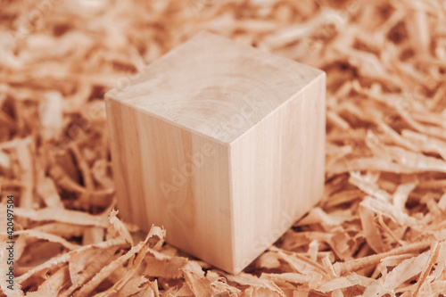 One wooden block on a background of carpentry shavings. Copy, empty space for text