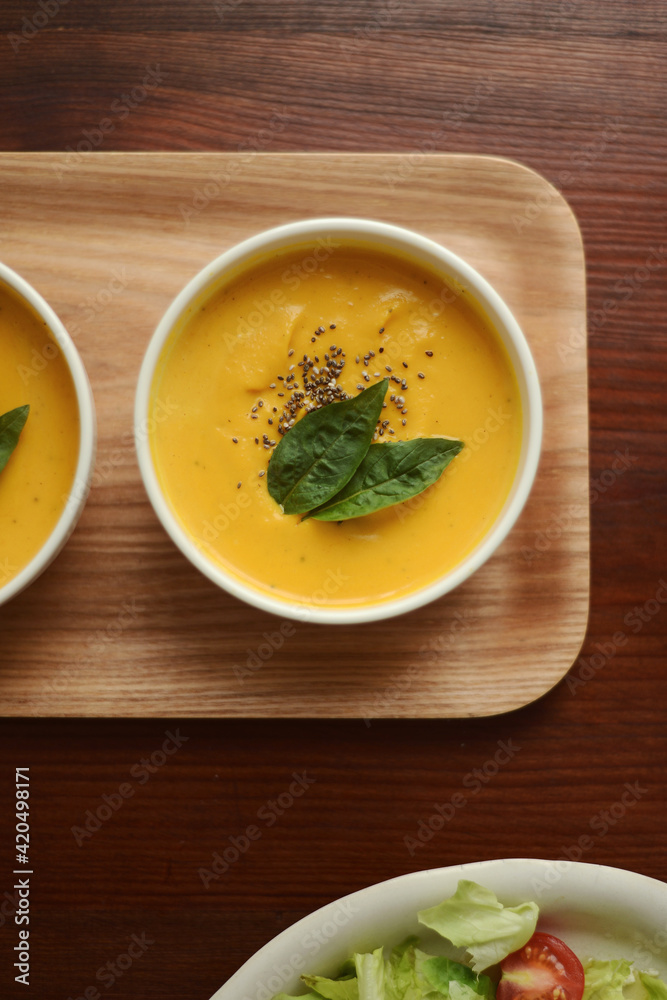 Close up of homemade pumpkin soup in Japanese atmosphere Close up of homemade pumpkin soup in Japanese atmosphere
