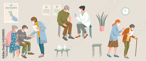vaccination covid-19 coronavirus concept. Doctor woman in protective mask and gloves Injecting of Flu Vaccine to elderly man, old couple  sits wait, nurse help elderly person after  vaccination