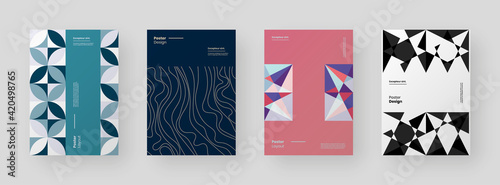 Abstract set Placards, Posters, Flyers, Banner Designs. Colorful illustration on vertical A4 format. Flat and 3d geometric shapes. Decorative ornament backdrop.