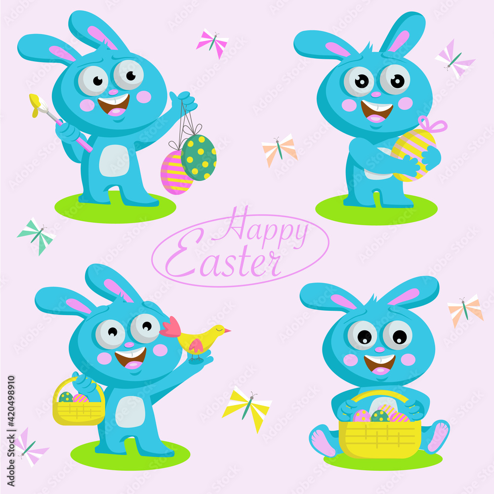Fototapeta premium Easter bunny set with colorful eggs.