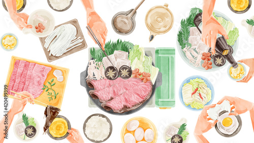 すき焼きパーティー食事風景水彩風イラスト
