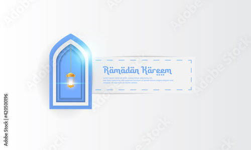 Ramadan design with stylish paper cut, in white and blue color, perfect for complementing Islamic themes