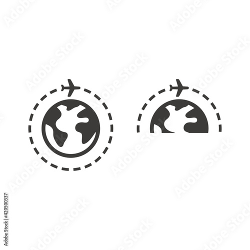 Airplane with planet or globe black vector icon. Around the world trip, earth with plane, travel symbol.