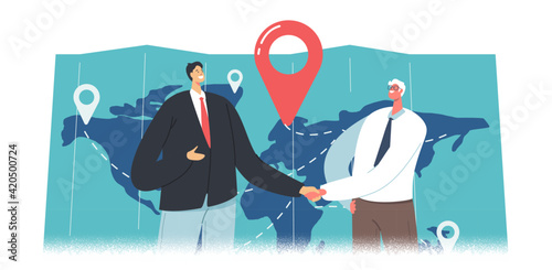 Cargo Export Import, Logistics. Business Partners Characters Shaking Hands near Huge Map with Freight Destination Points