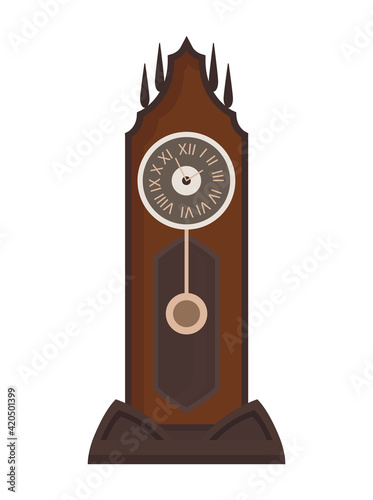 Antique clock. Traditional floor or table standing pendulum clock with wood carved decoration. Beautiful vintage object in cartoon style. Vector old watch isolated icon in flat design