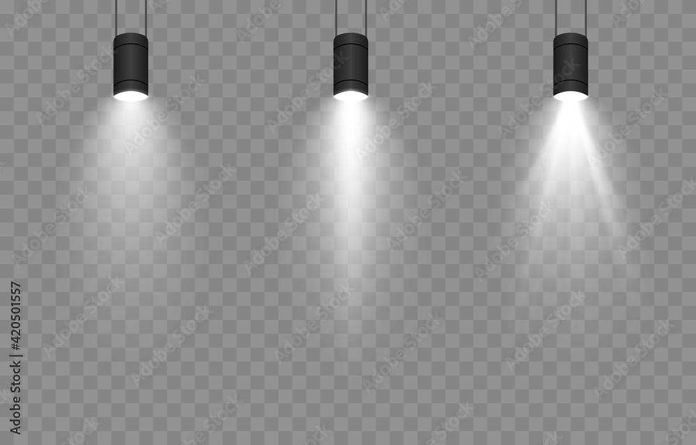 Vector set of light. Light source, studio lighting, walls, png. Spotlight lighting, spotlight PNG. Light beams, light effect. - obrazy, fototapety, plakaty 