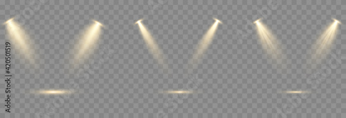 Vector set of light. Golden light source, studio lighting, walls, png. Light beams, light effect.
