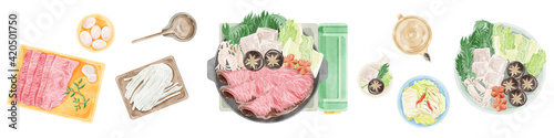 日本のすき焼き水彩風手書きイラスト