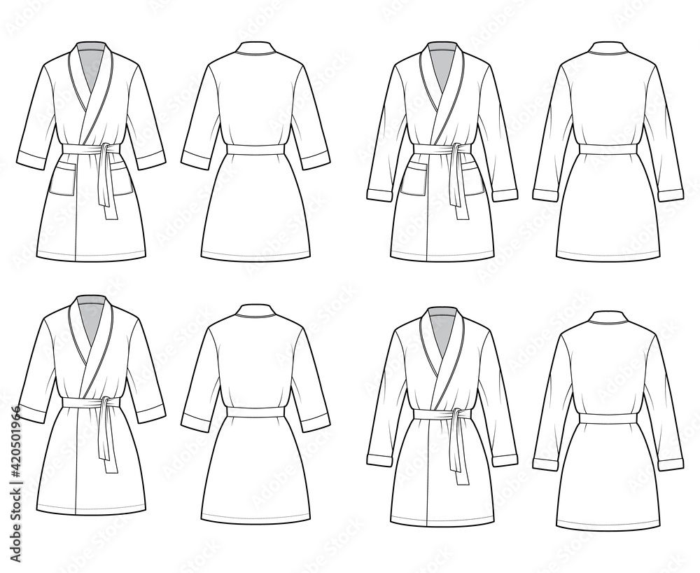 Set of Bathrobes Dressing gown technical fashion illustration with wrap opening, mini length, oversized, tie, pocket, elbow long sleeves. Flat front back white color style. Women men unisex CAD mockup Set of Bathrobes Dressing gown technical fashion illustration with wrap opening, mini length, oversized, tie, pocket, elbow long sleeves. Flat front back white color style. Women men unisex CAD mockup