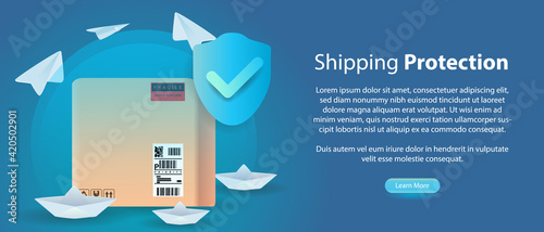 shipping insurance concept. shipping package protection inside round shield with ship and paper plane. vector illustration