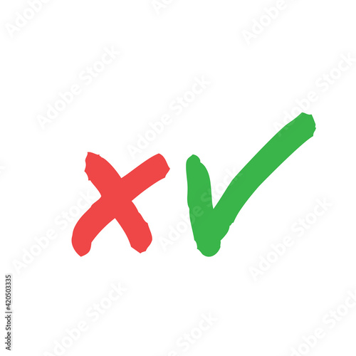 Checkmark vector icons. Green Tick and red x check marks. Grungy hand drawn style. Accepted and rejected symbols.