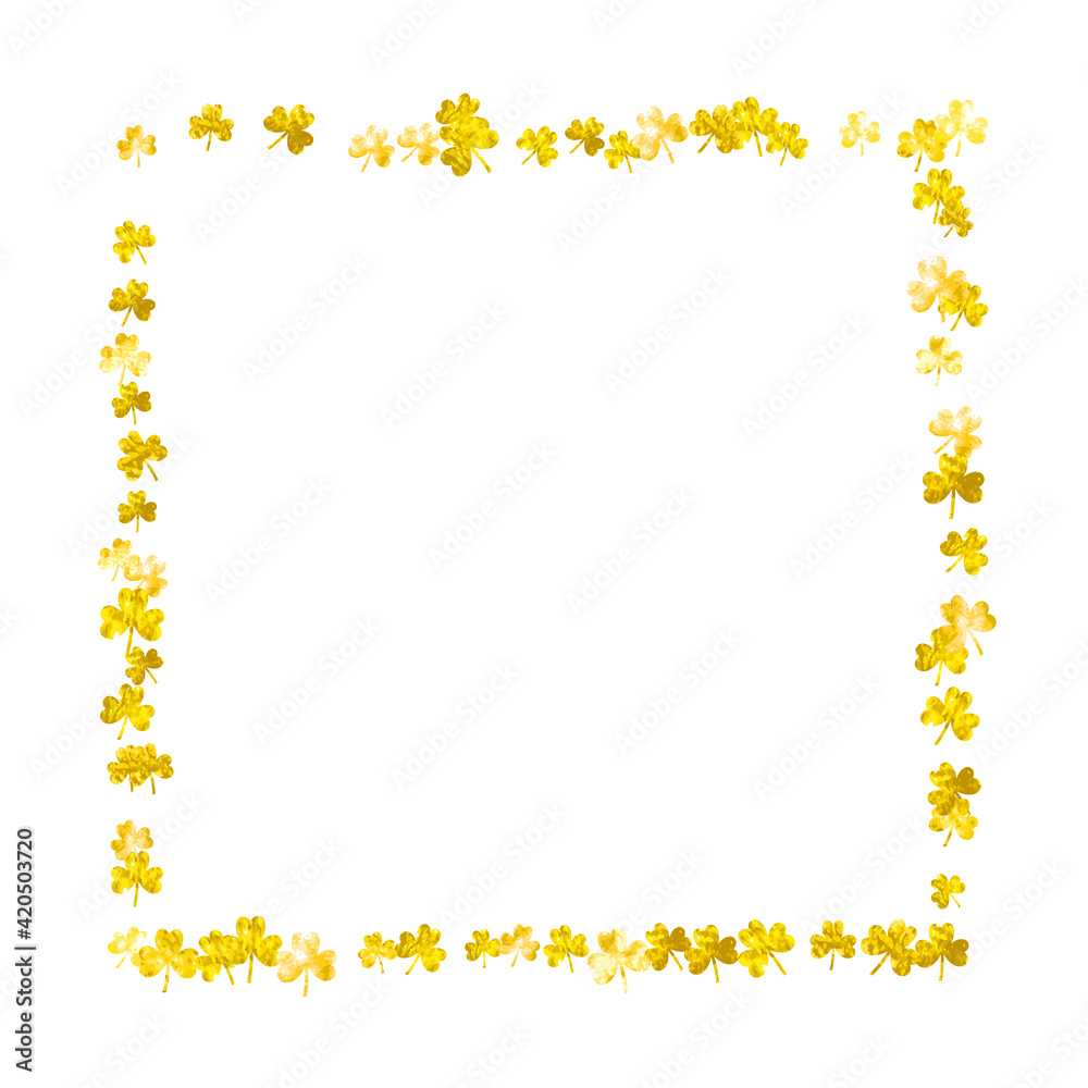 Saint patricks day background with shamrock. Lucky trefoil confetti. Glitter frame of clover leaves. Template for gift coupons, vouchers, ads, events. Greeting saint patricks day backdrop.