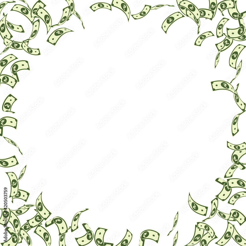 Fototapeta premium Indian rupee notes falling. Sparse INR bills on wh