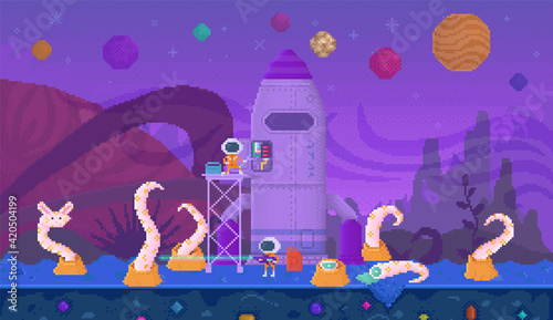 Alien with blaster shoots unknown animal. Tentacles attack astronauts. Men repair rocket to fly away