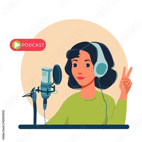 Radio host with table flat vector illustration. Media hosting doodle drawing. Female podcaster holding nameplate with podcast inscription, broadcaster at workspace isolated cartoon character.  