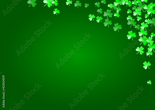 Shamrock background for Saint Patricks Day.  Lucky trefoil confetti. Glitter frame of clover leaves. Template for gift coupons, vouchers, ads, events. Merry shamrock background.