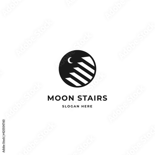 Moon stairs logo design template with stair shadow in circle shape. premium vector