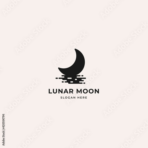 Lunar moon logo with silhouette of moon shadow on water. Creative logo design template