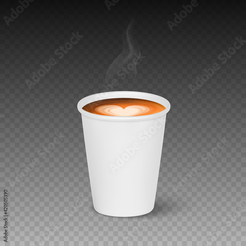 Vector 3d Realistic Paper White Disposable Cup Isolated with Hot Milk Coffee Foam. Steam, Smoke. Latte, Capuccino. Stock Vector Illustration. Design Template. Front View