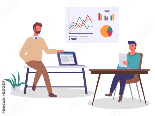 Business people, man holding laptop, guy reading document. Board with analytical data. Flat image