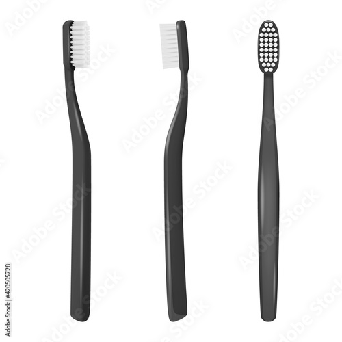 Vector 3d Realistic Black Plastic Blank Toothbrush Icon Set Isolated on White Background. Design Template, Mockup. Dentistry, Healthcare, Hygiene Concept. Tooth Brush in Front, Top, Side View
