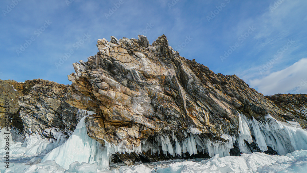 Rock Covered with Ice at Baikal Lake in Russia in Winter
