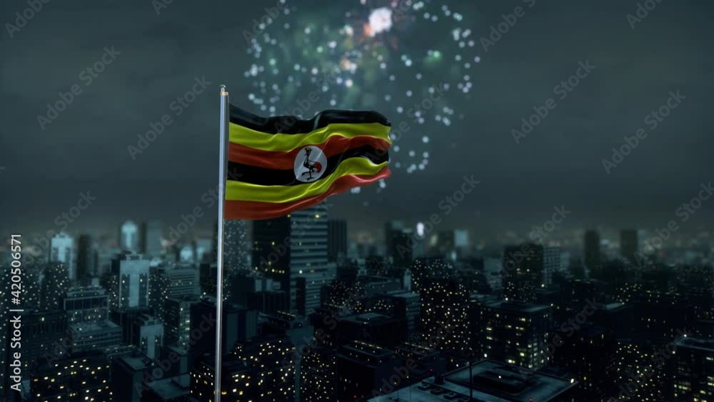 Uganda Flag With Fireworks And City 3D Rendering
