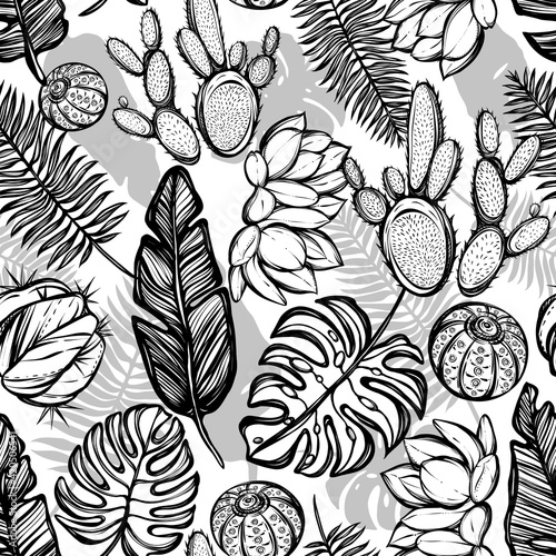 Vector illustration, Tropical summer. tropical leaves,cacti, light background, seamless pattern, Handmade