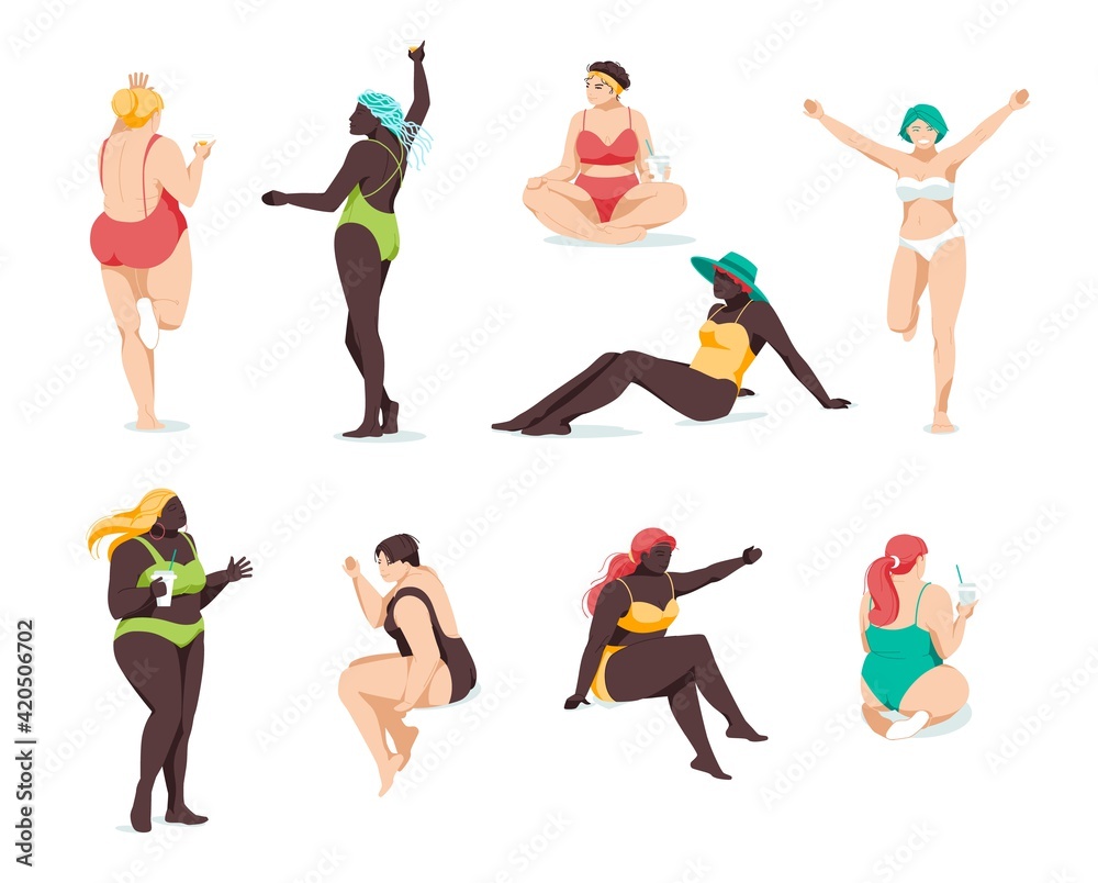 Set of bikini girls of different races and physique relax. Flat characters illustration on white background. Body positive, plus size
