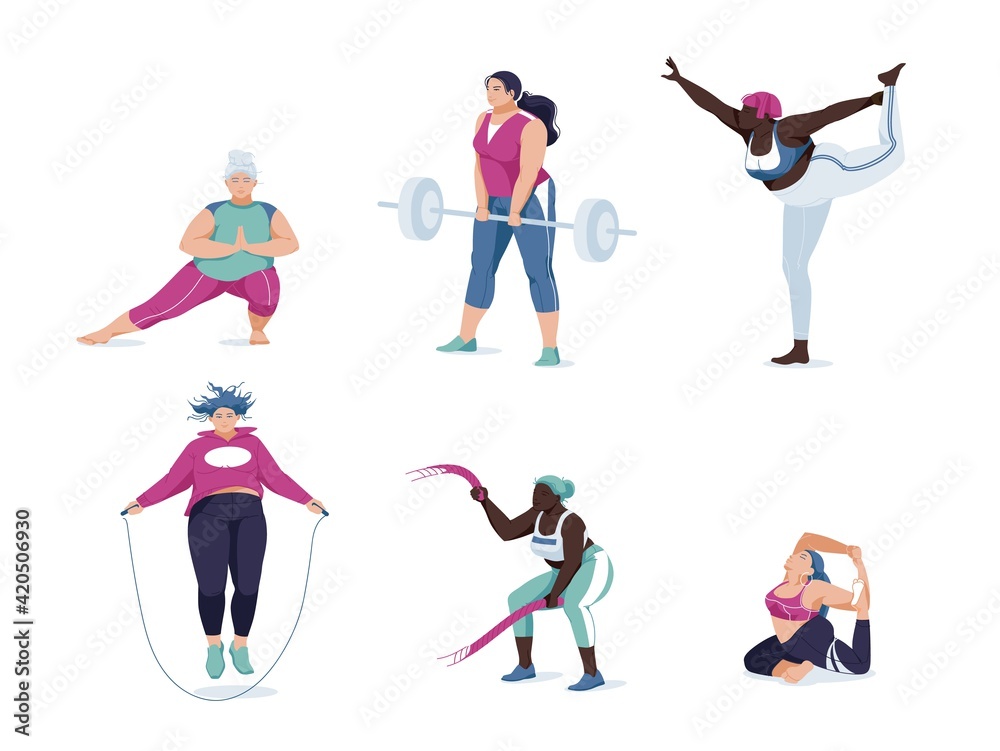 Obraz premium Women different races activities. Set of women doing sports, yoga, jogging, jumping, stretching, fitness. Sport women vector flat illustration isolated on white background.