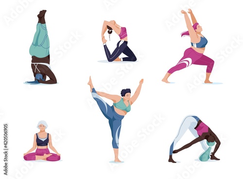 Cartoon doing Yoga set with women in different poses. Vector illustration in modern concept of yoga exercises. Different races, body positive, plus size character.