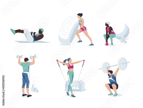 Set od different cartoon people exercising at modern gym vector flat illustration. Athletic man and woman on training apparatus have various physical exercises enjoy sport activity