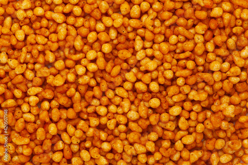 Close-up of crunchy masala boondi Indian namkeen (snacks)  Full-Frame Background. Top View
