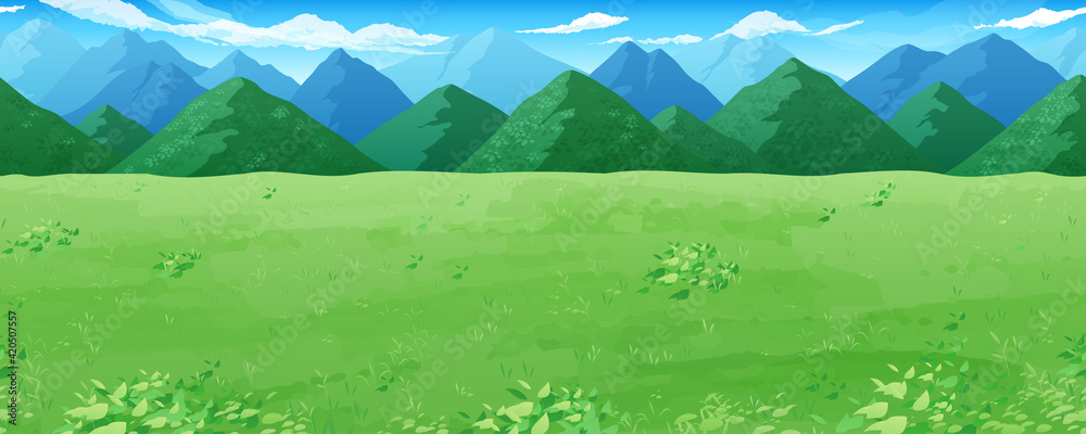 草原と山の風景イラスト 横スクロールゲームの背景 シームレス Stock Vector Adobe Stock