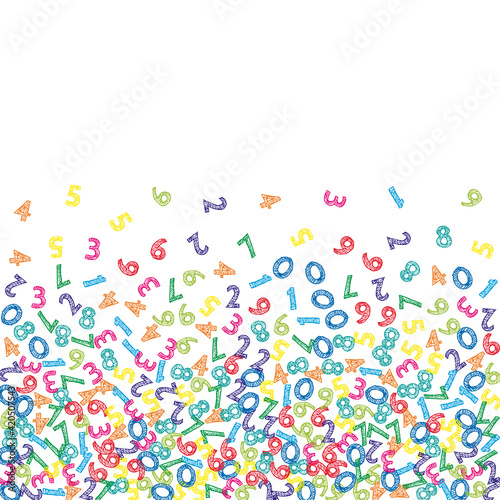Falling colorful sketch numbers. Math study concept with flying digits. Enchanting back to school mathematics banner on white background. Falling numbers vector illustration.