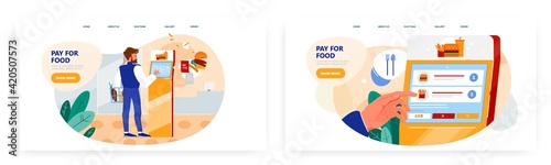 Pay for food, landing page design, website banner vector template set. Self service technologies.