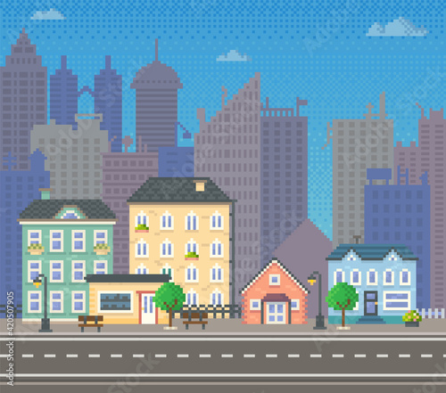 City downtown landscape with skyscraper silhouettes. Low-rise buildings on background of sky