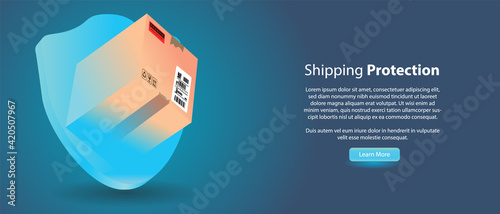 shipping protection concept. shipping box inside shiled with customisable text vector illustration template for web banner or web page