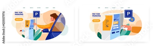 Pay for parking, landing page design, website banner vector template set. Self service technologies.