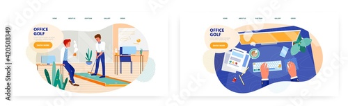 Office golf landing page design, website banner vector template set. Business people playing mini golf during the rest.