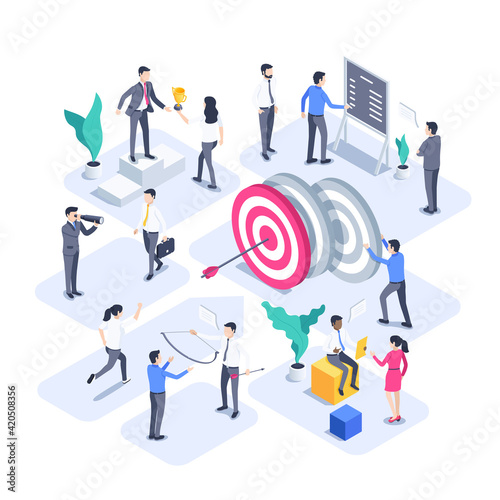 isometric vector illustration isolated on white background, people work in team next to target with arrow, business success and achievement of goals