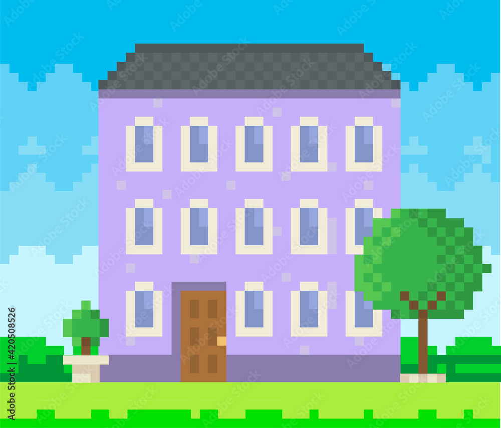 House surrounded by green spaces and plants. Building with many windows for pixel game design