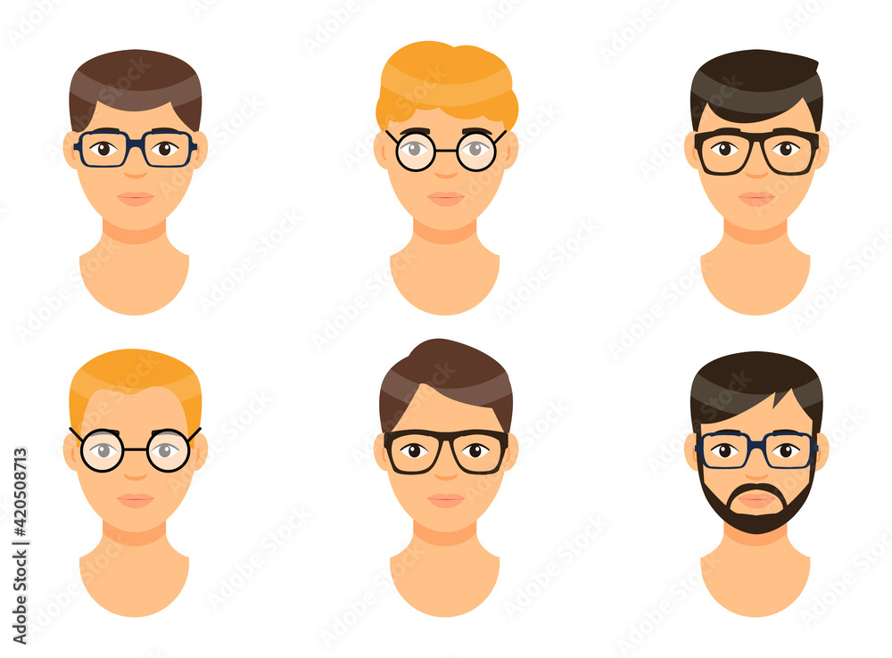 Set of vector avatars of young men, icons for website or apps, user icon, young guys in eyeglasses Set of vector avatars of young men, icons for website or apps, user icon, young guys in eyeglasses
