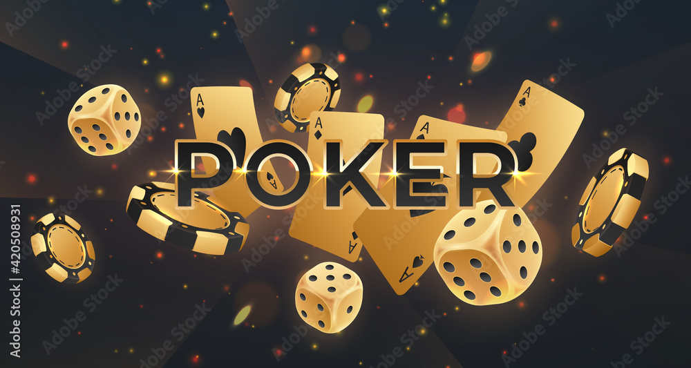Black letters Poker with falling golden poker chips, tokens, dices, playing cards on black background with gold lights, sparkles and bokeh. Vector illustration.