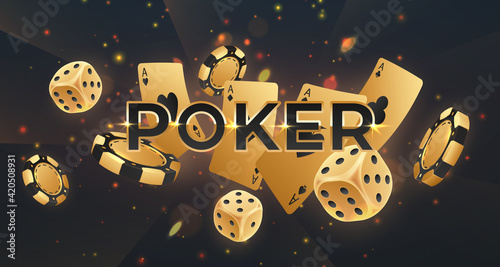 Black letters Poker with falling golden poker chips, tokens, dices, playing cards on black background with gold lights, sparkles and bokeh. Vector illustration.
