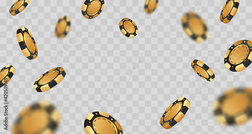 Falling golden with black poker chips, tokens on transparent background. Vector illustration for casino, game design, advertising.