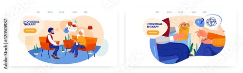 Individual therapy landing page design, website banner vector template set. Psychotherapy session. Mental health.